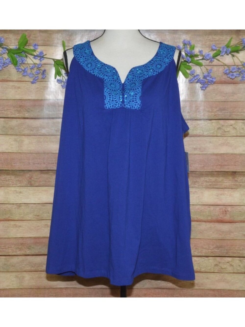 NWT Catherines Colbalt Blue Sleeveless Shirt Top Round Embellished Neckline